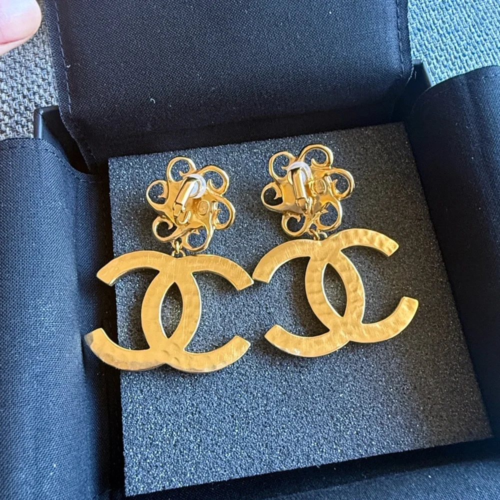 Chanel Authentic Gold and White Metal & Glass Pearl Earrings NEW